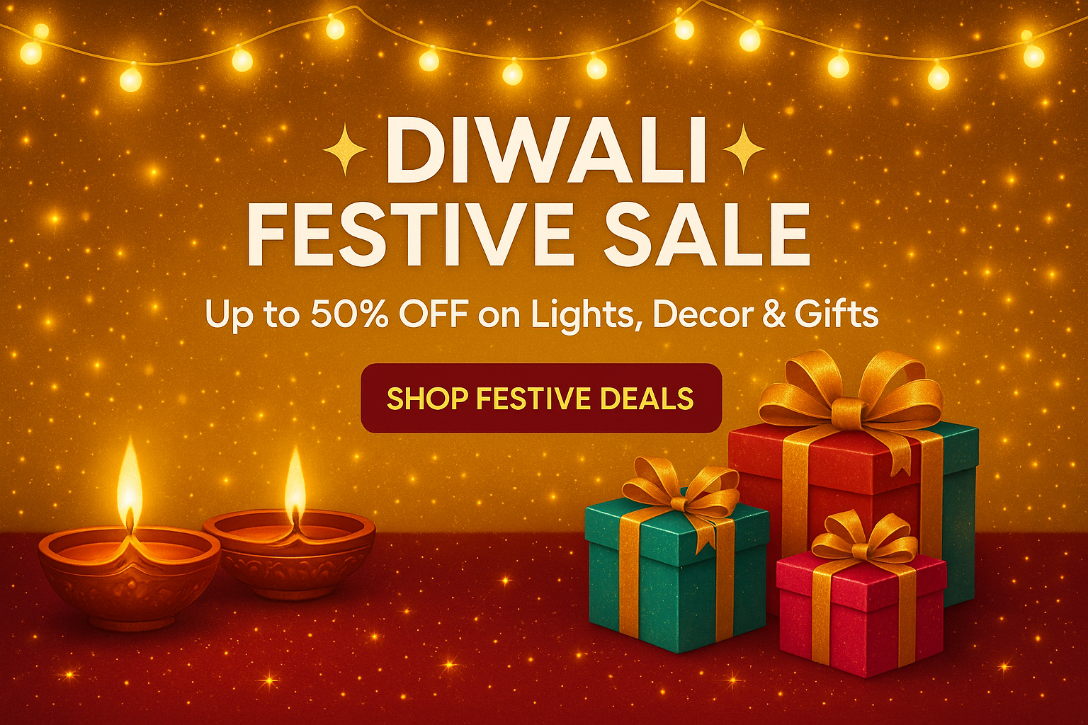 A vibrant festive e-commerce banner for Diwali sale. Golden and deep red background with glowing fairy lights and diyas. Decorative gift boxes and sparkles around. Modern typography with the headline: ‘✨ Diwali Festive Sale ✨’. Subtext: ‘Up to 50% OFF on Lights, Decor & Gifts’. Add a button-style area with text: ‘Shop Festive Deals’. Bright, celebratory, premium look for an online store homepage